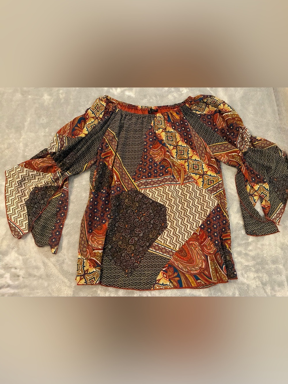 Women’s New Direction Boho Patchwork Blouse in Rust Multi-Colored Size 1X